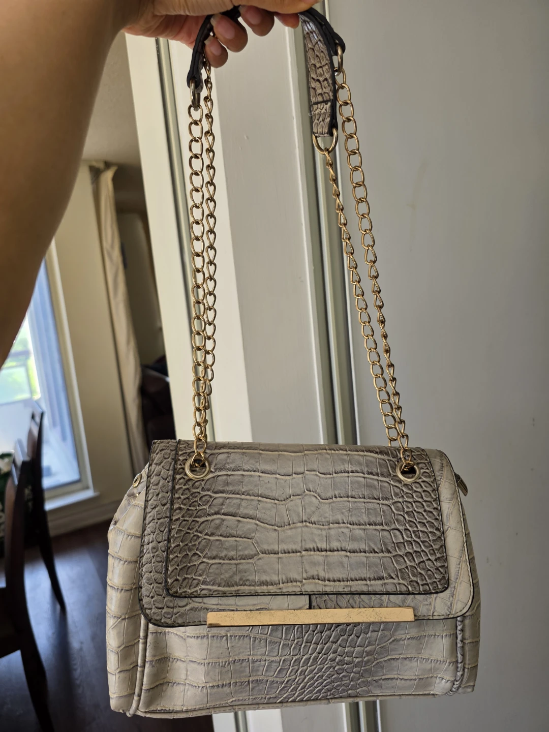 Grey Faux Croc Shoulder Bag with Gold Chain