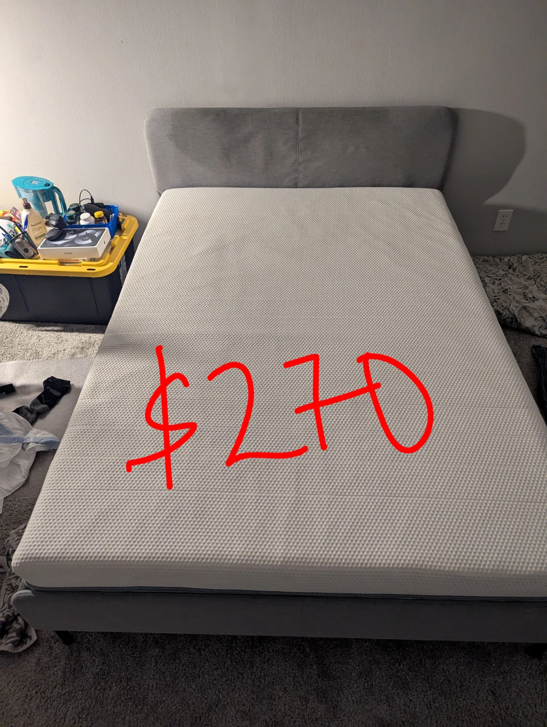 Grey Upholstered Bed Frame with Headboard and full mattresses - photo 2