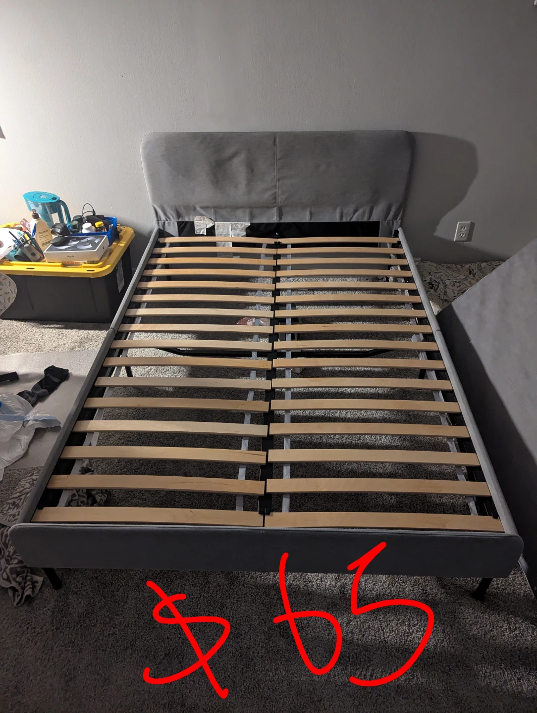 Grey Upholstered Bed Frame with Headboard and full mattresses