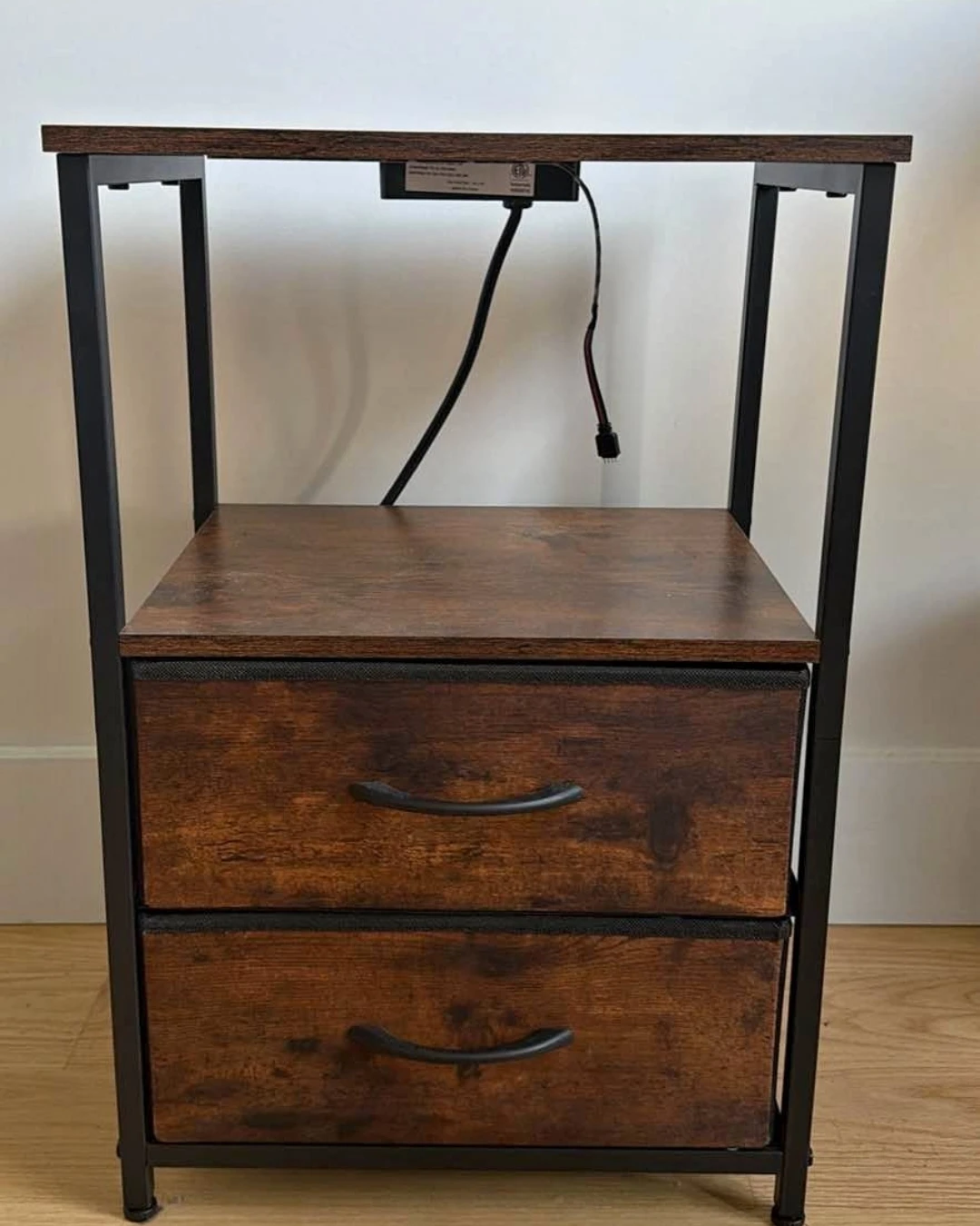 Rustic 2-Drawer Nightstand with Metal Frame