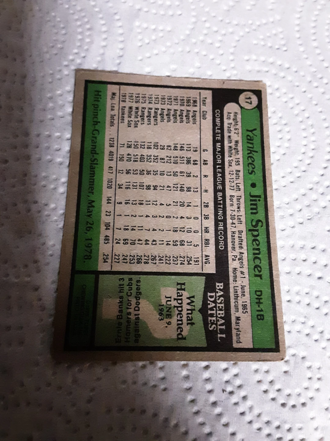1978 Topps Jim Spencer New York Yankees Baseball Card - photo 2