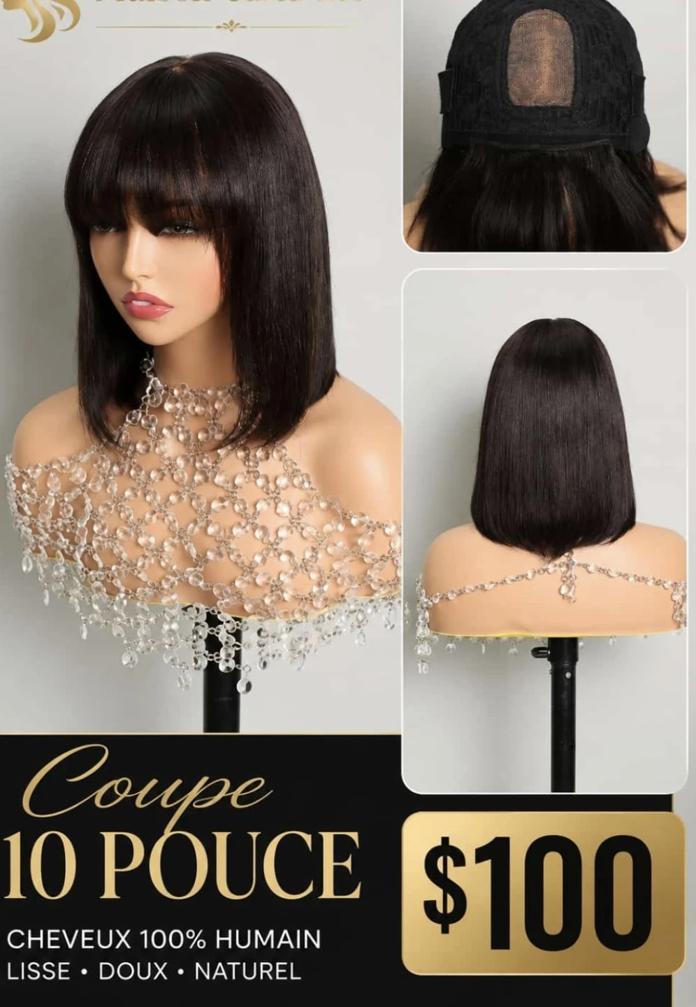 Perruque coupe 10 pouces, cheveux 100% humains