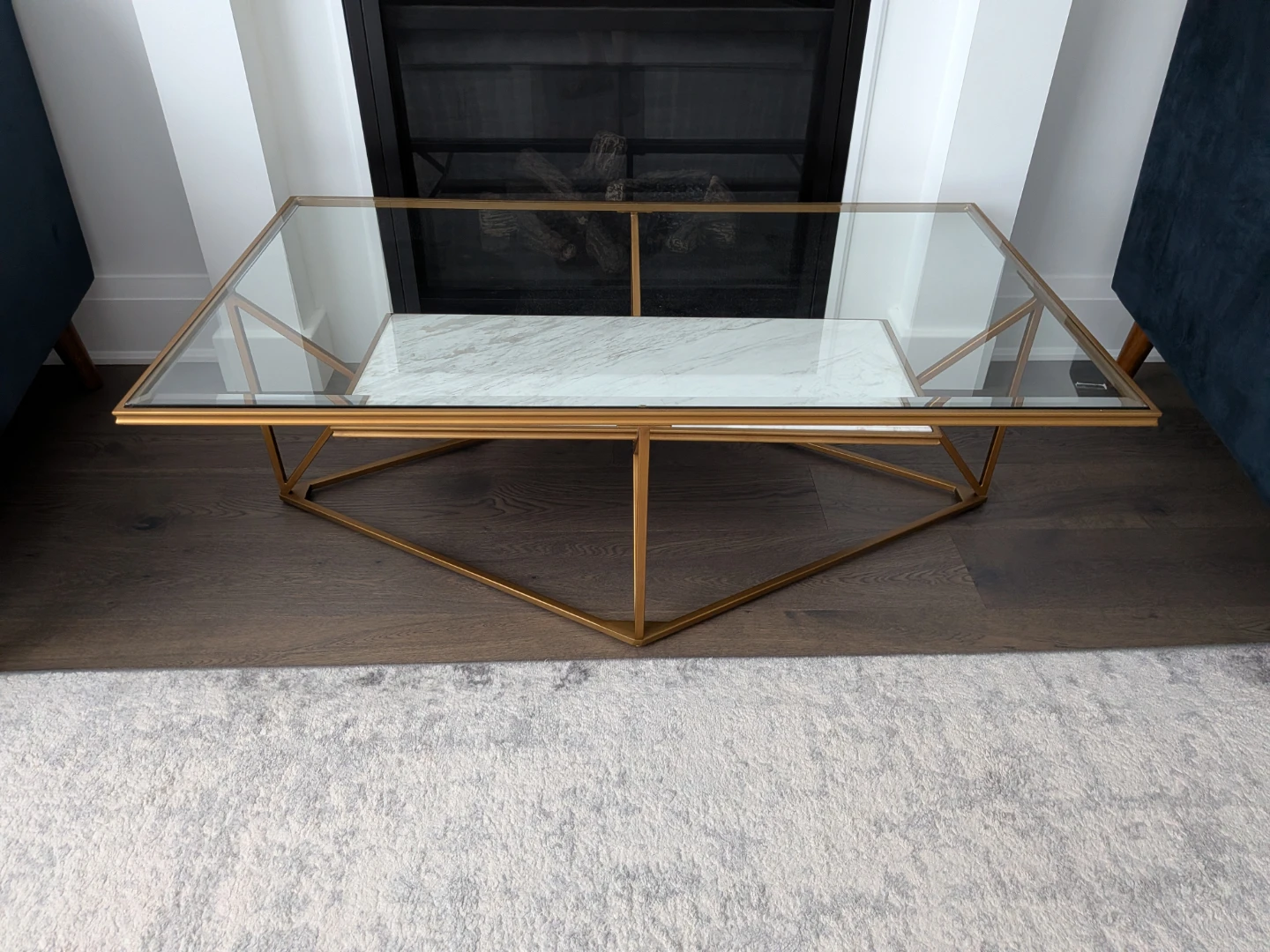 Gold Geometric Coffee Table with Glass and Quartz Top - photo 3