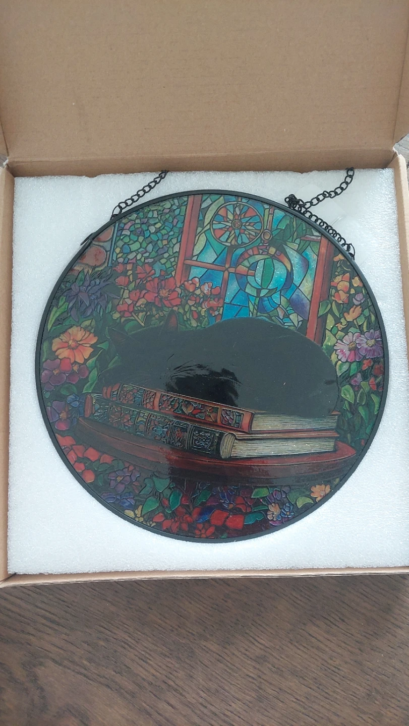 Round Stained Glass Style Sun Catcher with Cat and Books