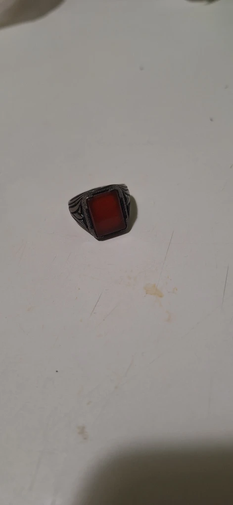 Men's Silver Tone Signet Ring with Red Stone