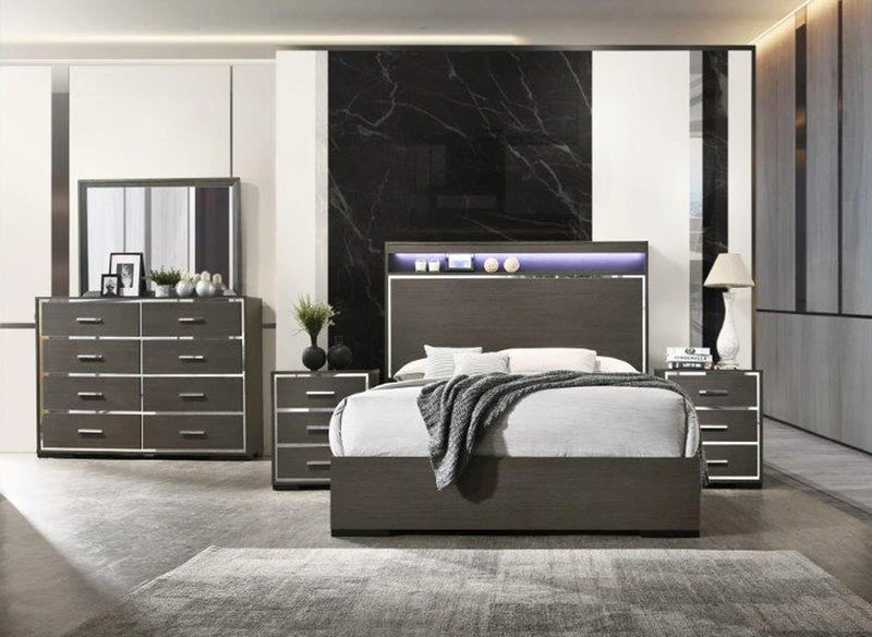 Modern Grey Bedroom Set with LED Headboard