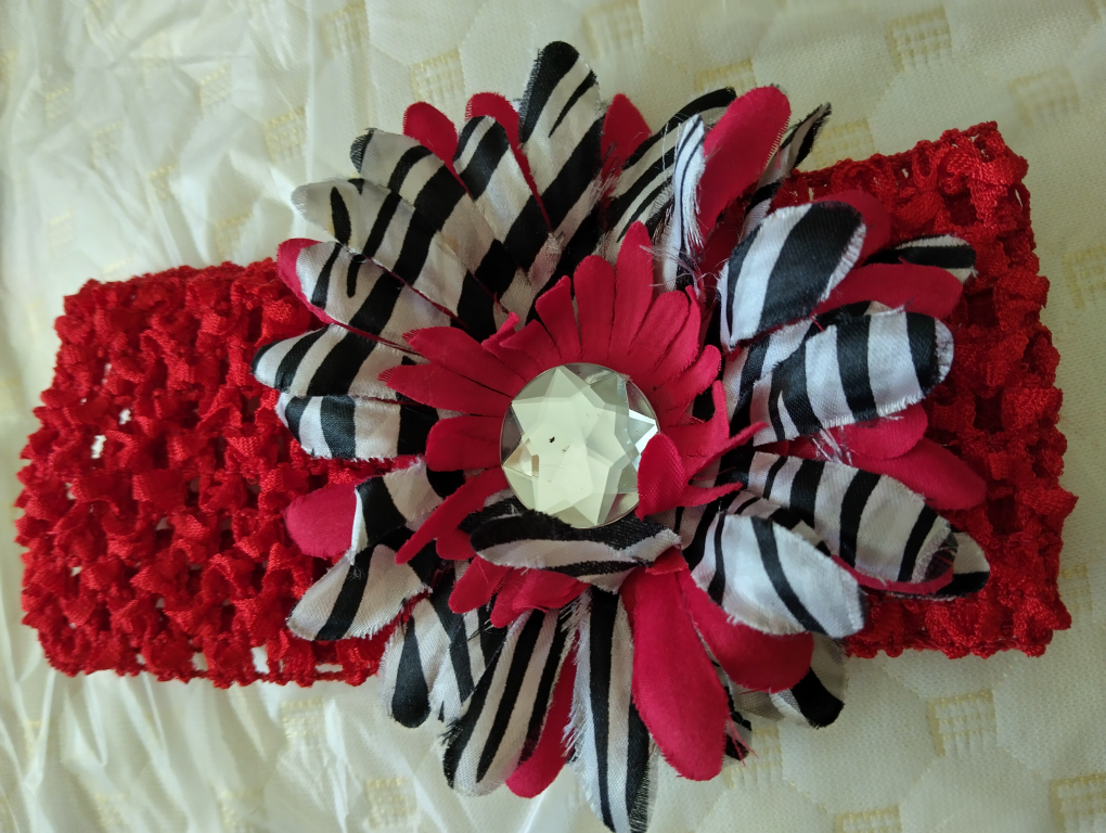 Red Crochet Headband with Zebra Flower Accent