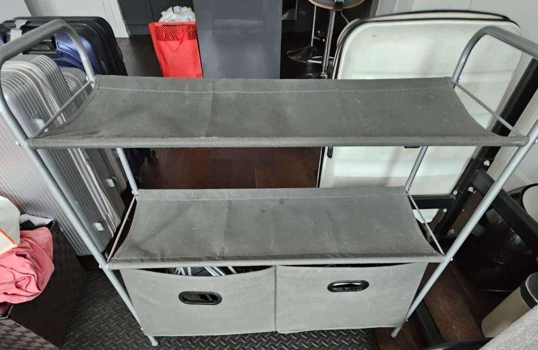 Grey Fabric 2-Tier Shelf Unit with Storage Bins