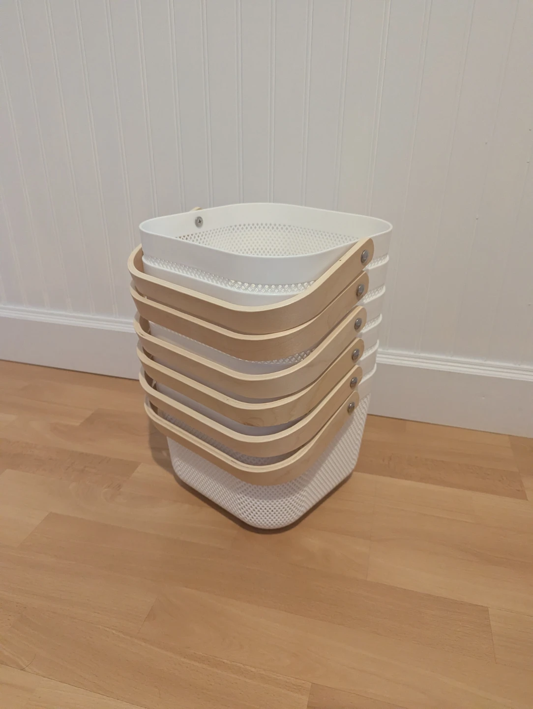 Set of 6 White Plastic Storage Baskets with Wooden Handles