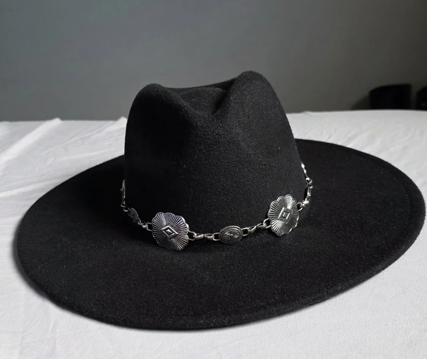 Stampede Black Felt Fedora Hat with Silver Chain Detail