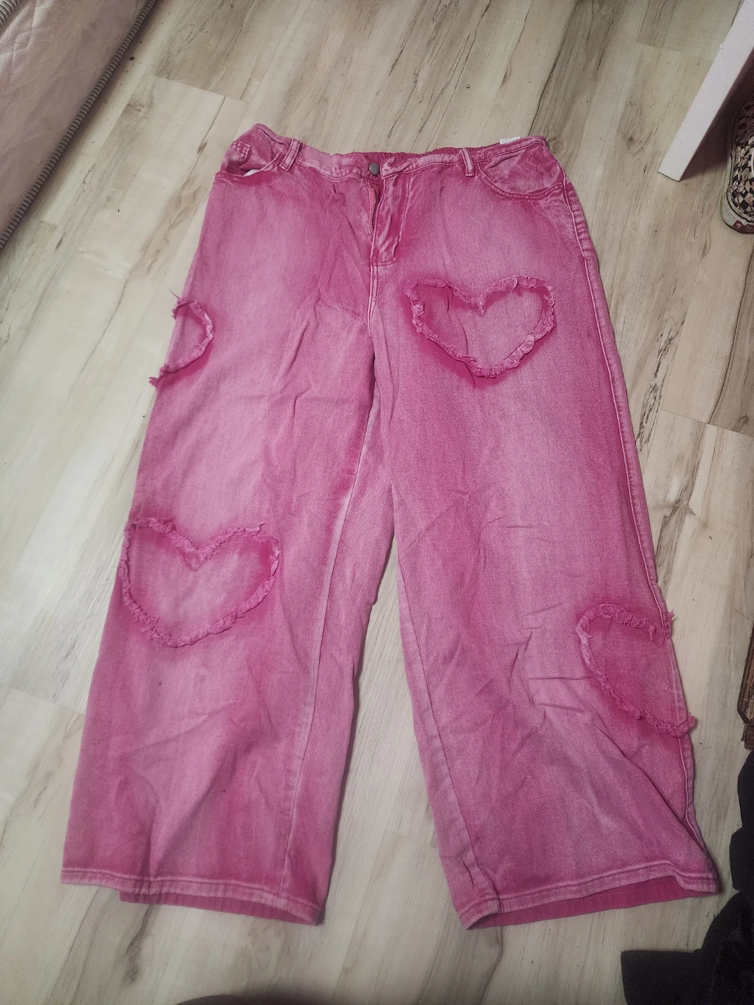 Pink Heart Patch Wide Leg Jeans