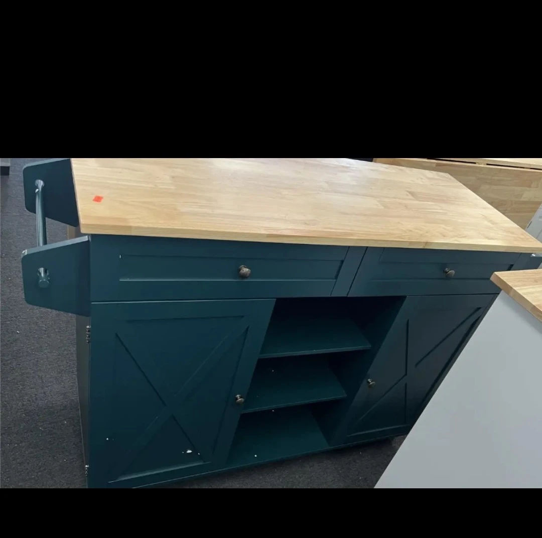 Teal Kitchen Island Cart with Butcher Block Top