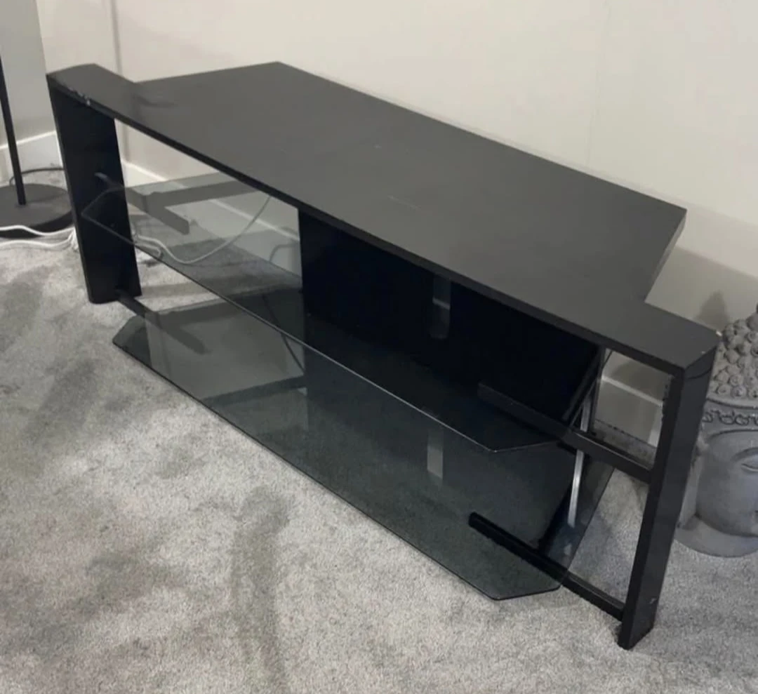 READ description- Black TV Stand with Glass Shelves