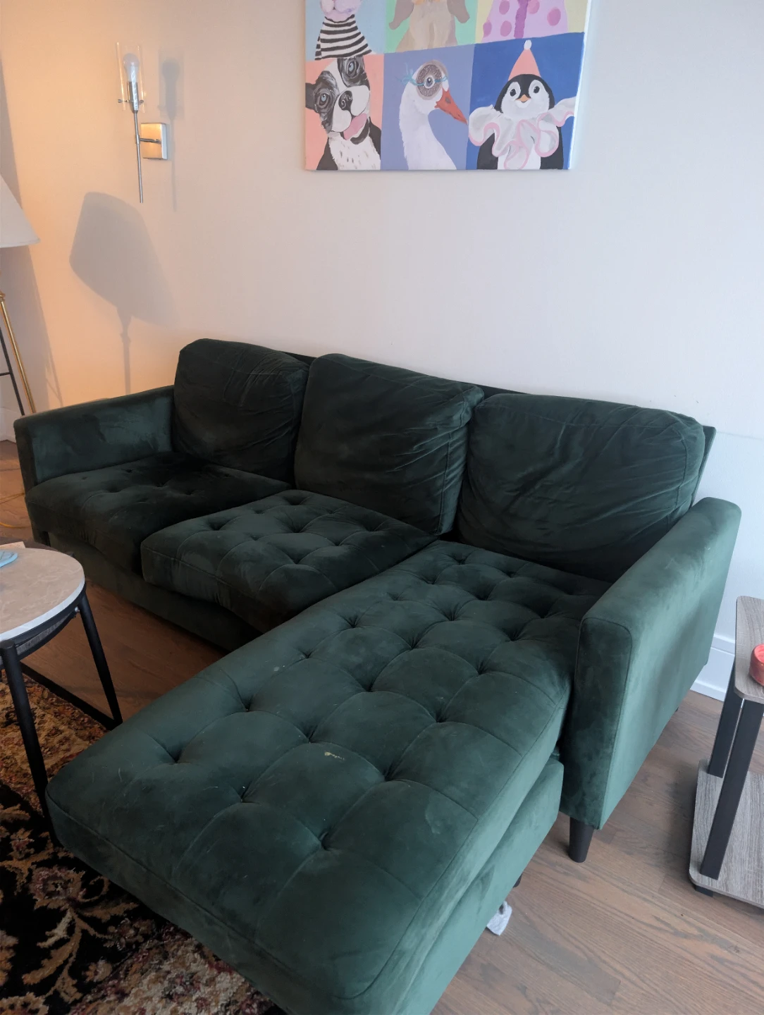 Deep Green Velvet Sectional Sofa with Chaise