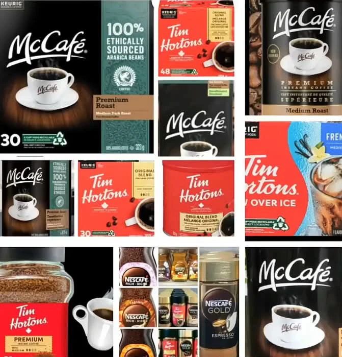 McCafé and Tim Hortons K-Cups, instant and ground coffee