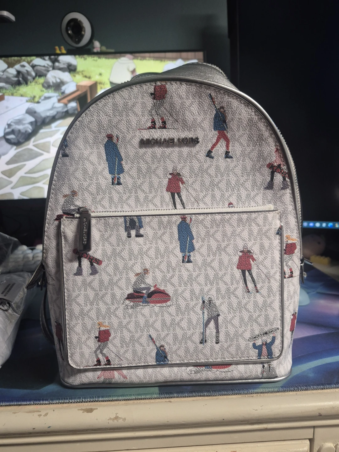 Michael Kors Backpack - White MK Logo with Skiing Figures