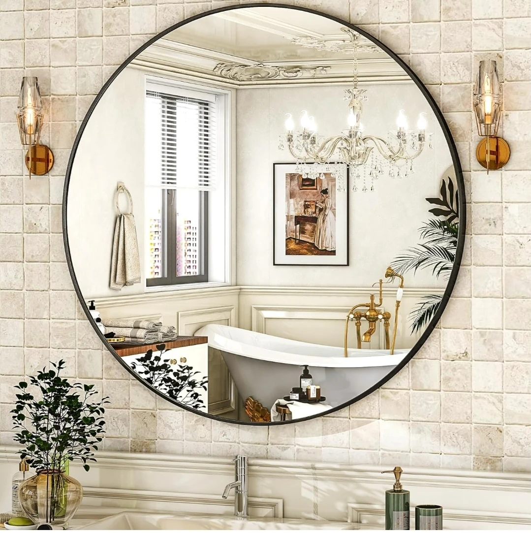 Round Black Framed Mirror 24"×24"