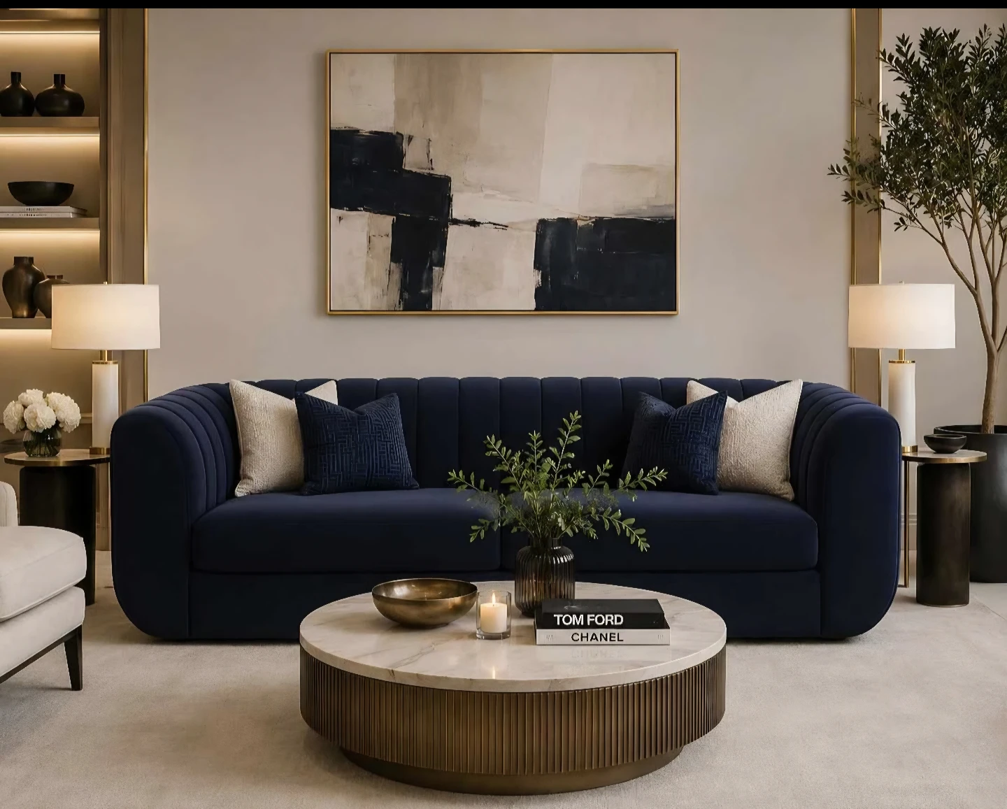 Navy Blue Channel Tufted Sofa