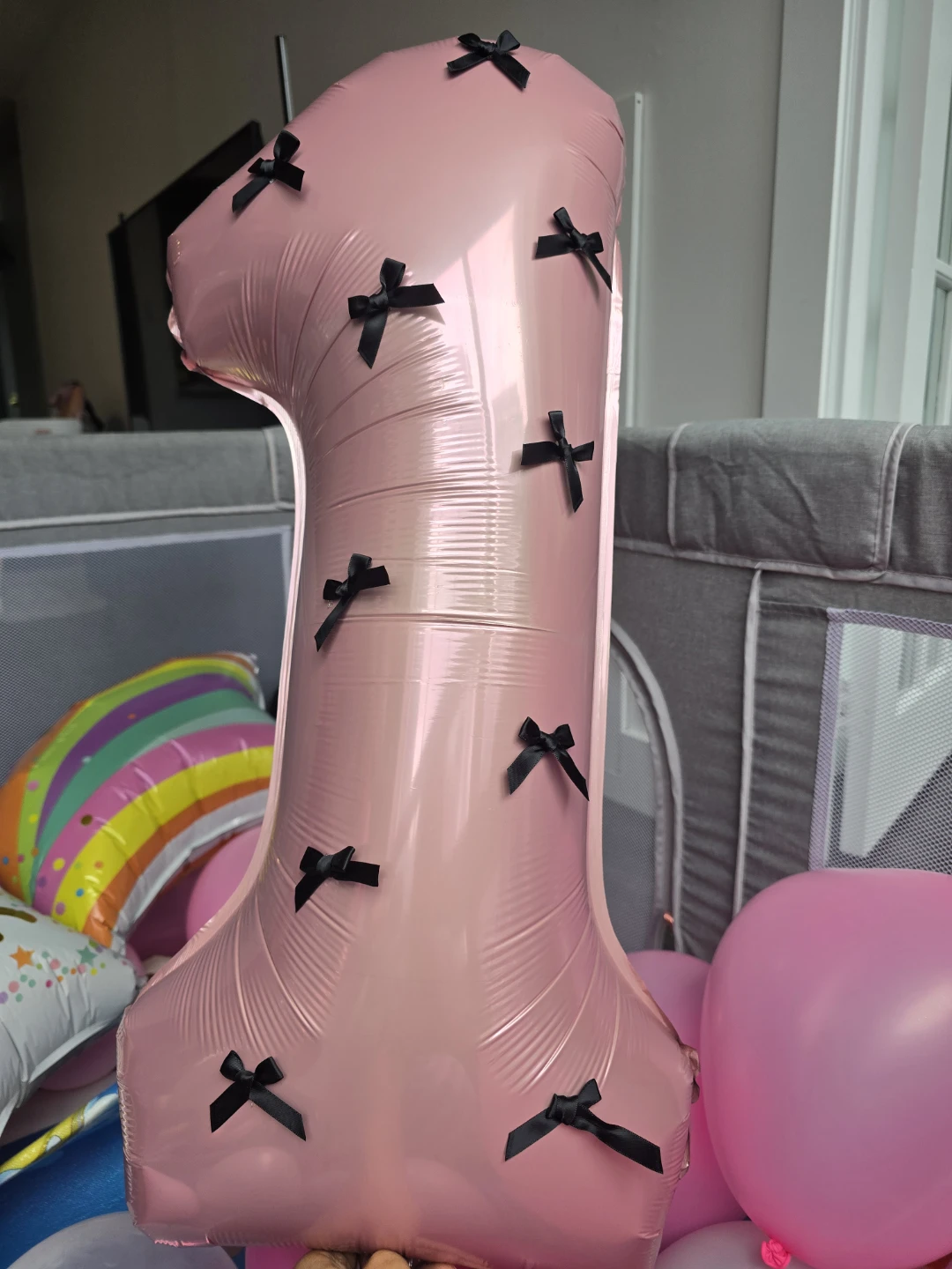Pink Number 1 Balloon with Black Bows