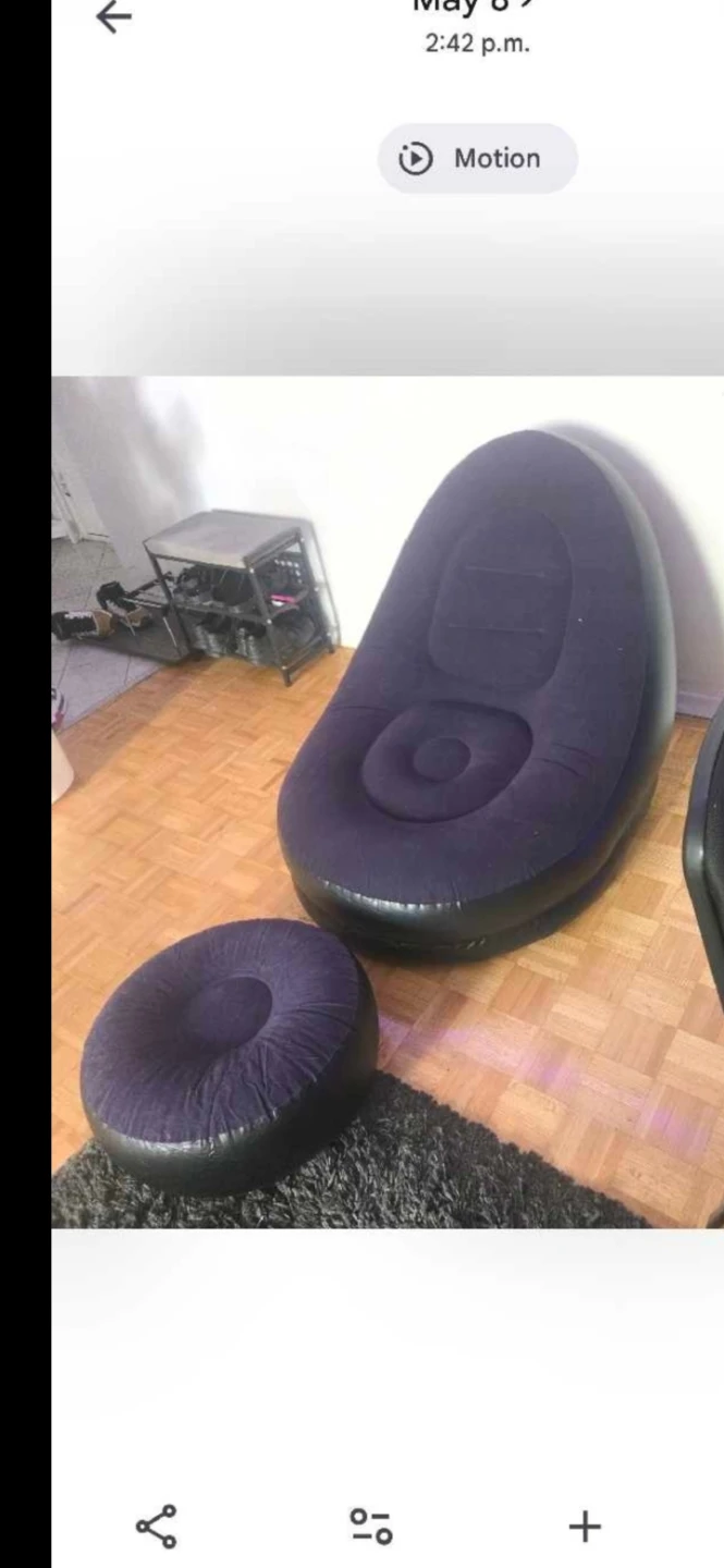 Navy camping blow up chair or at home.