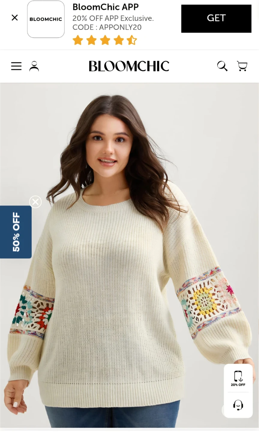 Bloomchic Cream Sweater with Crochet Sleeve Detail