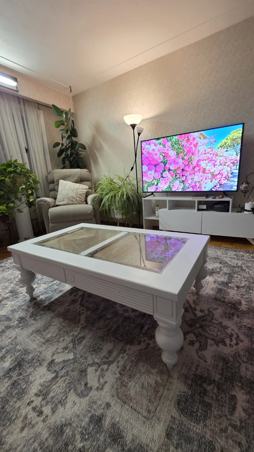 White Coffee Table with Cane Inlay and Drawers