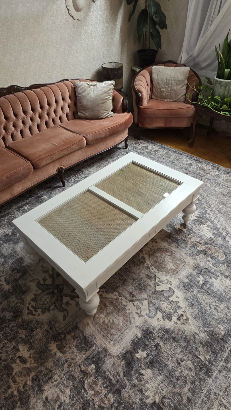 White Coffee Table with Cane Inlay and Drawers - photo 3