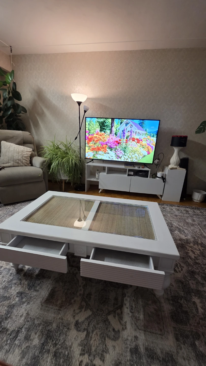 White Coffee Table with Cane Inlay and Drawers - photo 5