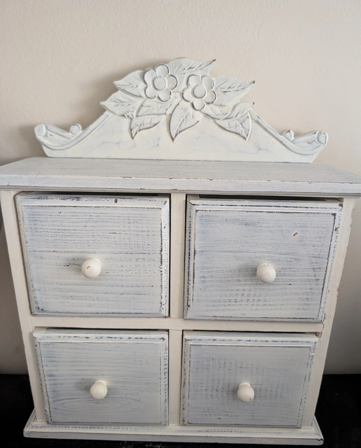 Distressed Wood Jewelry Box with Floral Carving