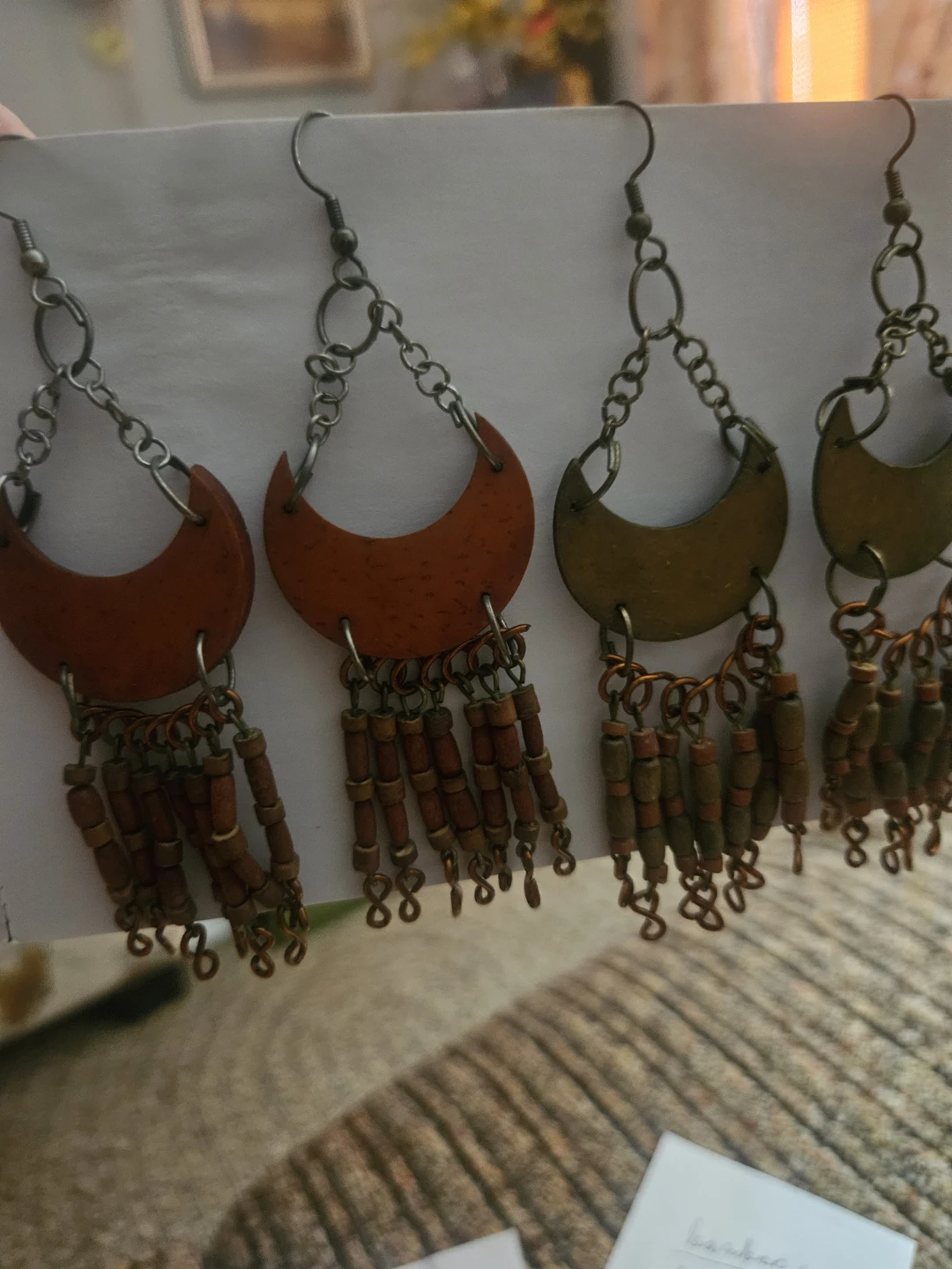 Boho  Style Hand Carved Earrings with Wooden Beads 2-pairs