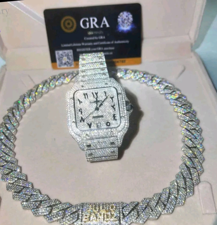 Iced Out Watch and Cuban Link Chain Set