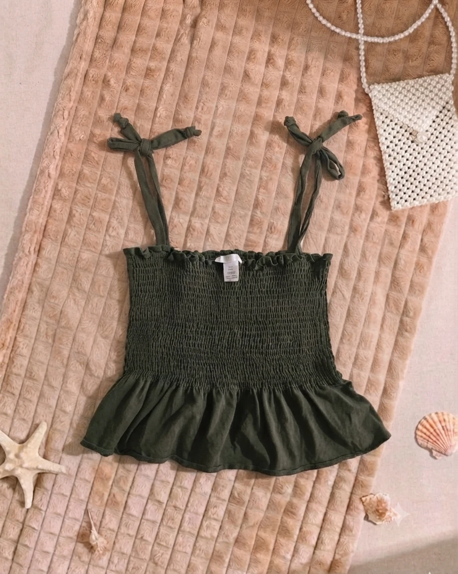 Olive Green Shirred Tie-Strap Peplum Top