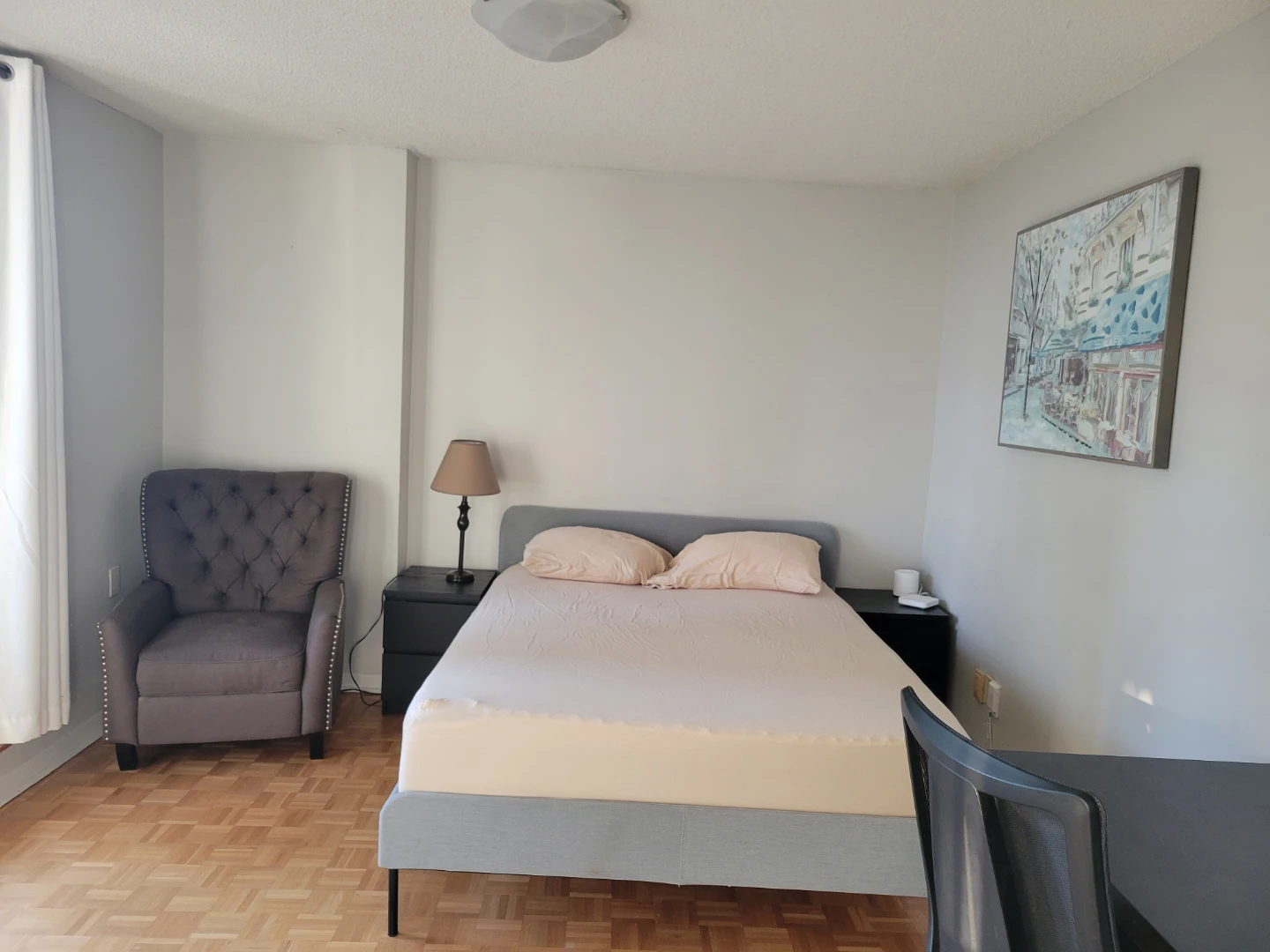 Master bedroom with private 1/2 bath & balcony. Square One area