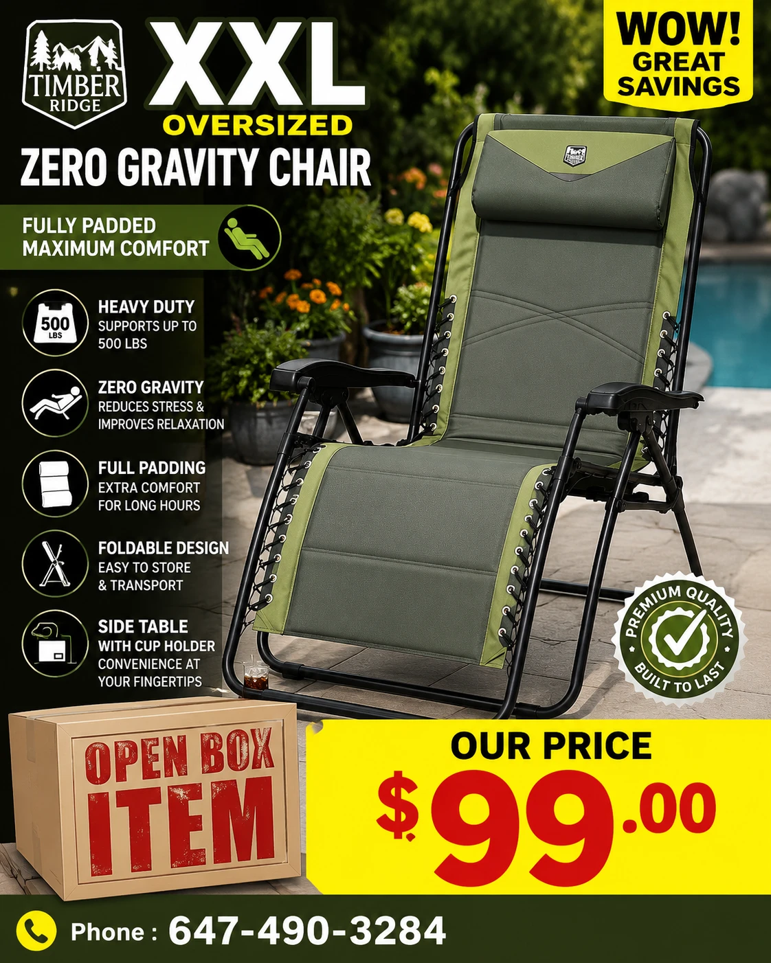 TIMBER RIDGE XXL Oversized Zero Gravity Chair, Full Padded Patio