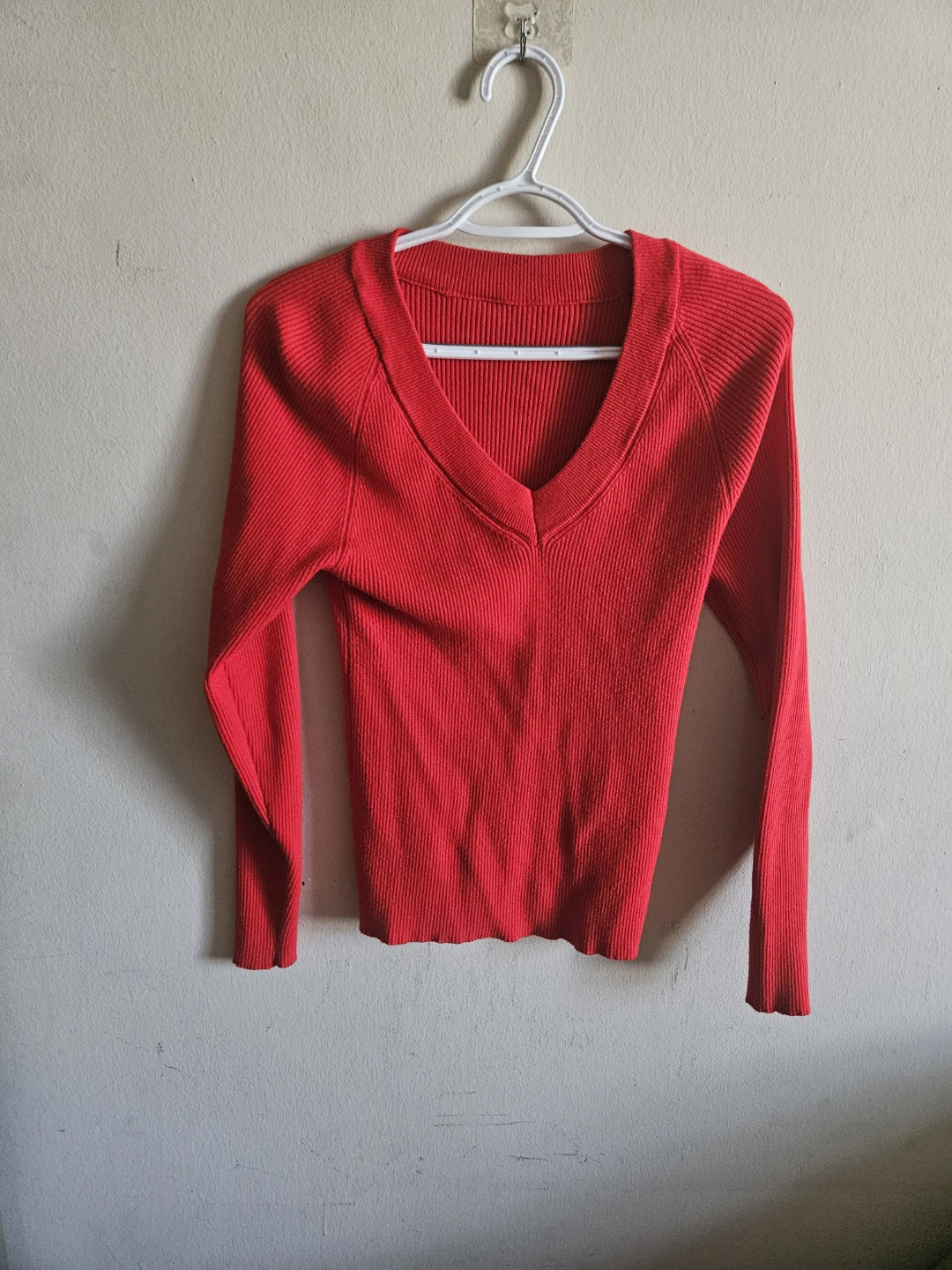 Red V-Neck Ribbed Sweater