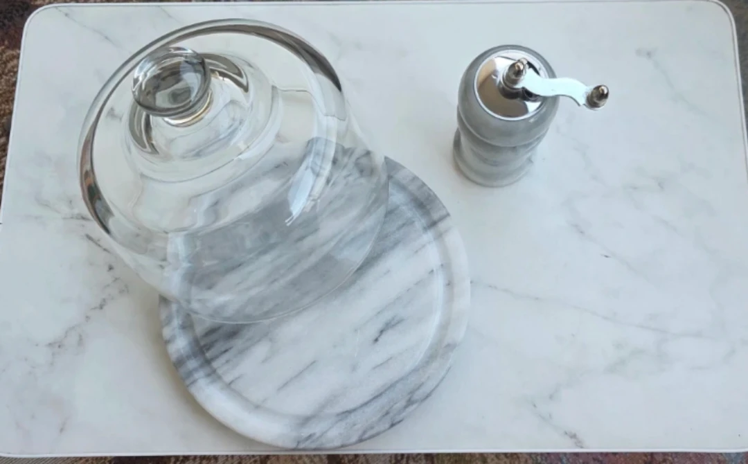 Marble Print Cake Stand with Dome and  Grinder