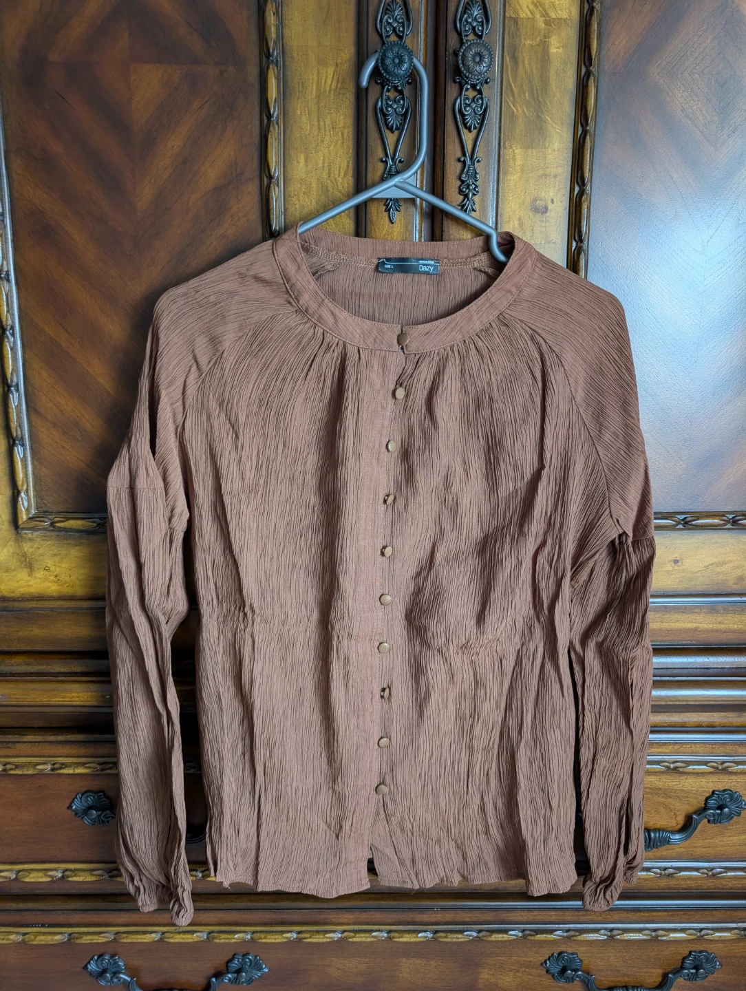 Dazy Women's Brown Button-Up Long Sleeve Shirt