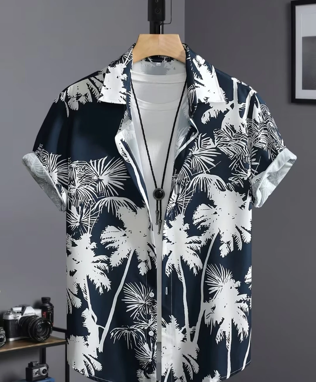 Short Sleeve Hawaiian Shirt with Palm Tree Print