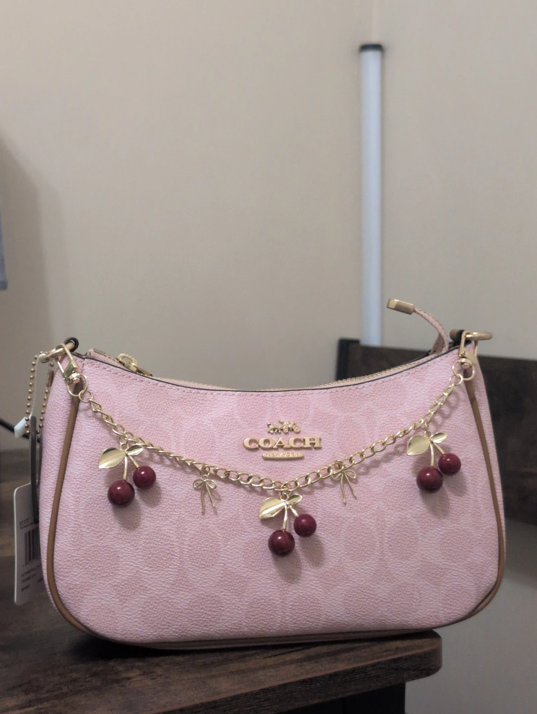 Coach Pink Signature Cherry Charm Shoulder Bag