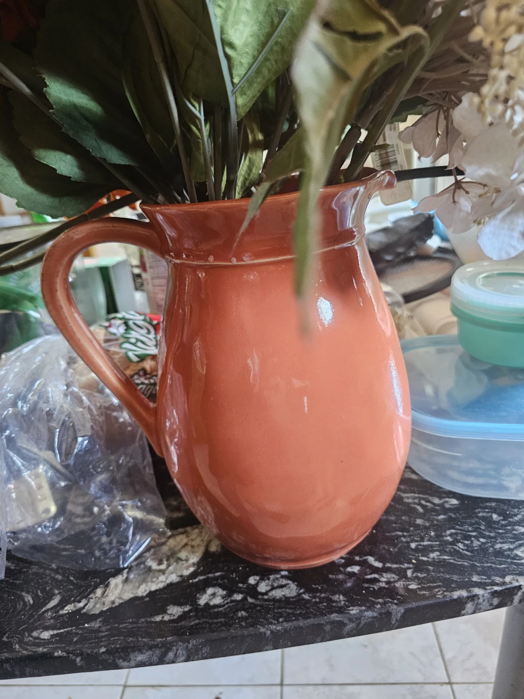 Orange Pitcher with Assorted Artificial Flowers - photo 2