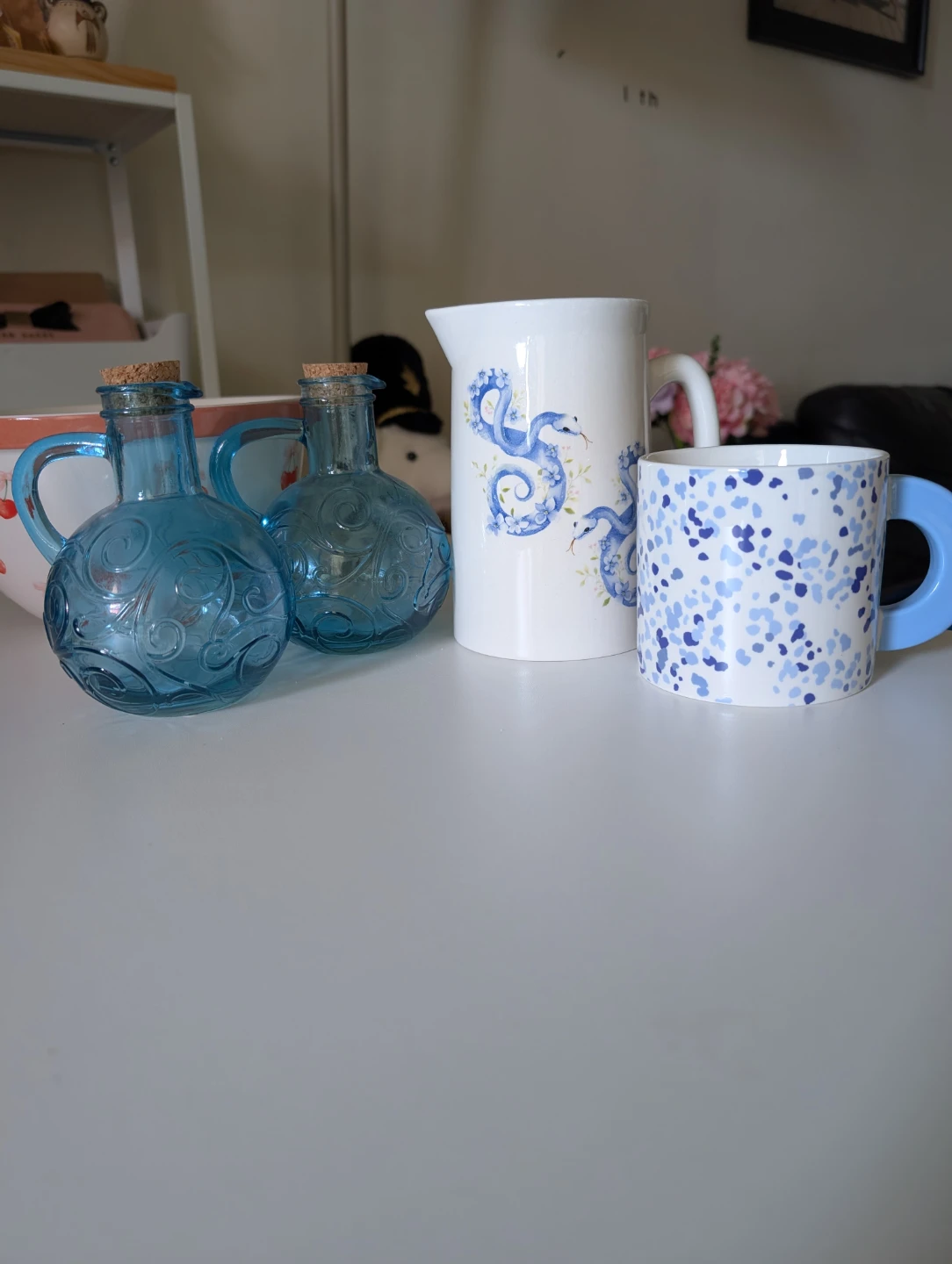 Decorative Ceramic Bowl, Pitcher, Mug, and Glass Bottles