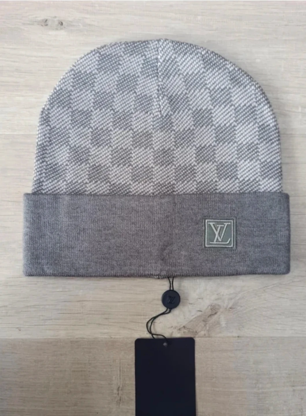 Louis Vuitton Beanie Hat Grey Checkerboard Pattern
