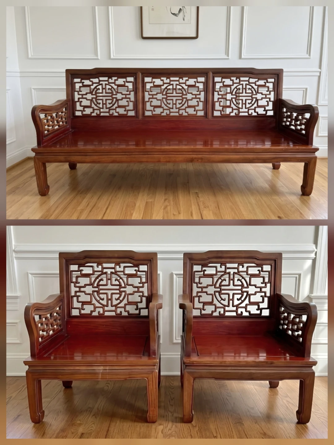 Vintage Handcarved Solid Elm  Bench & Two Matching Armchairs