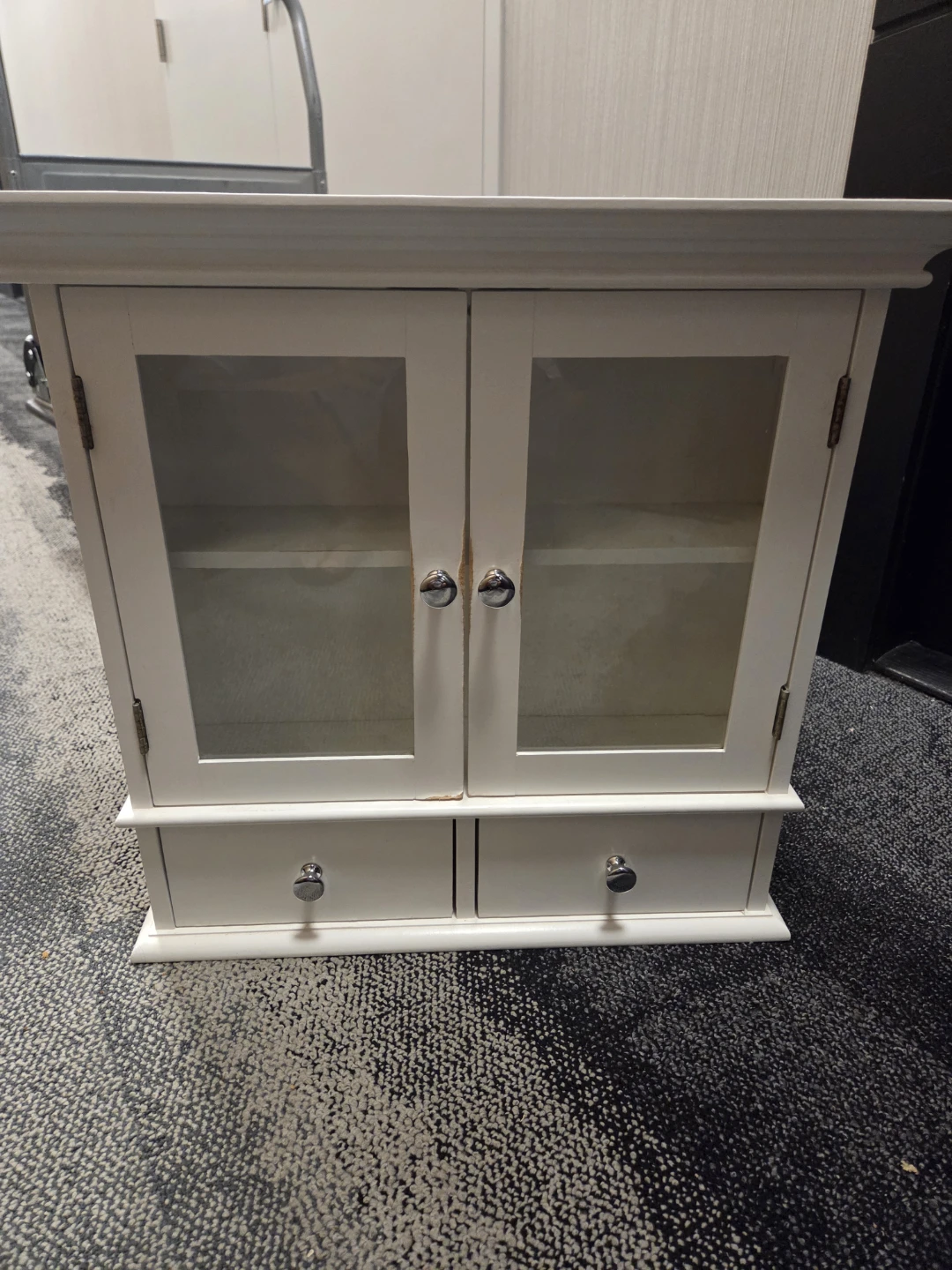White Wall Mounted Cabinet with Glass Doors and Drawers