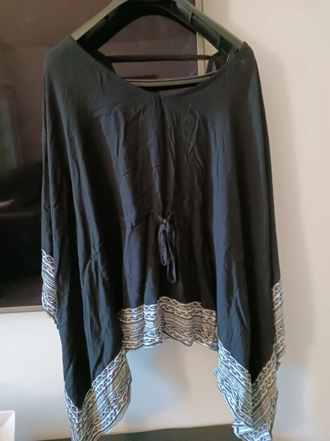 Black Poncho with Aztec Print Trim