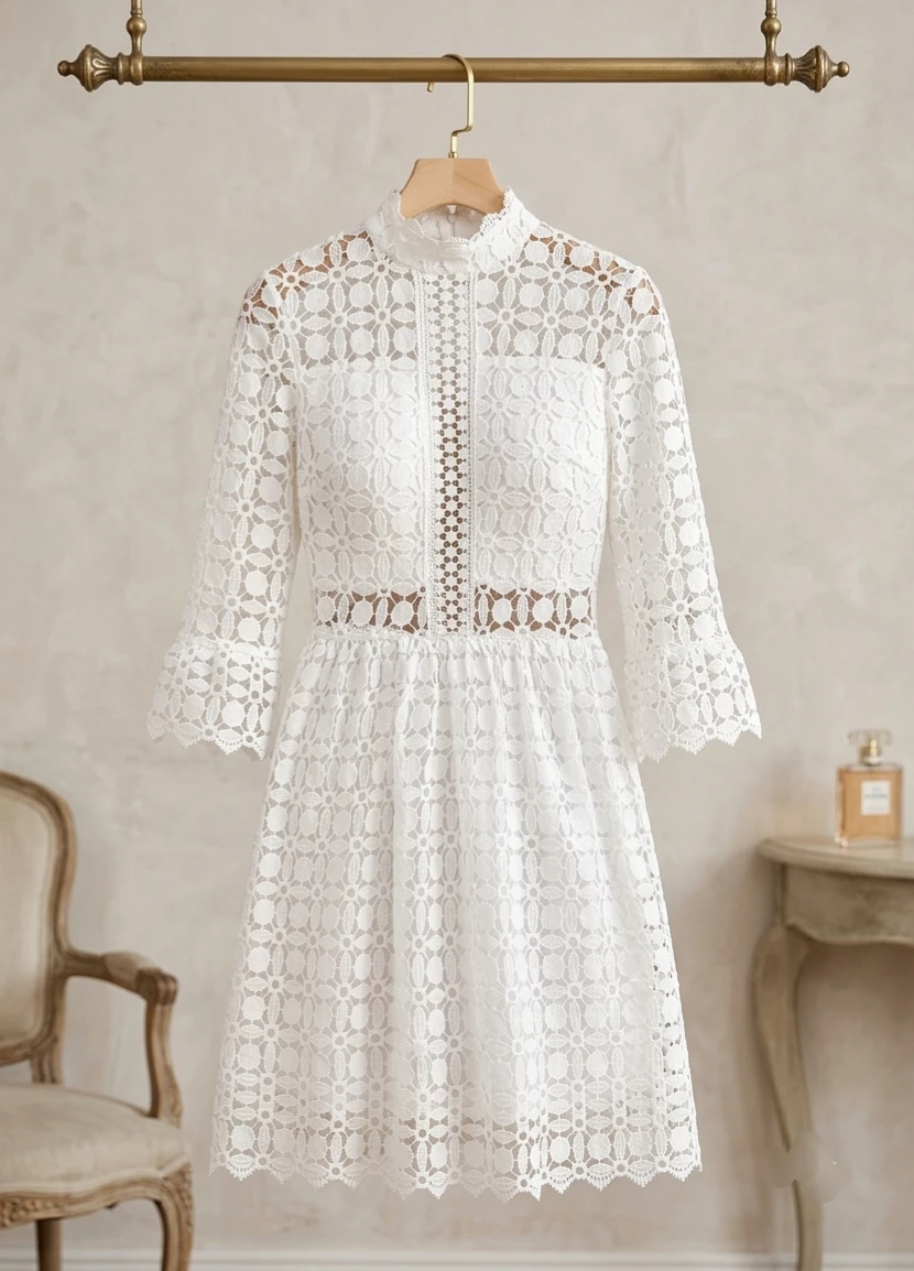White Lace Mock Neck Dress