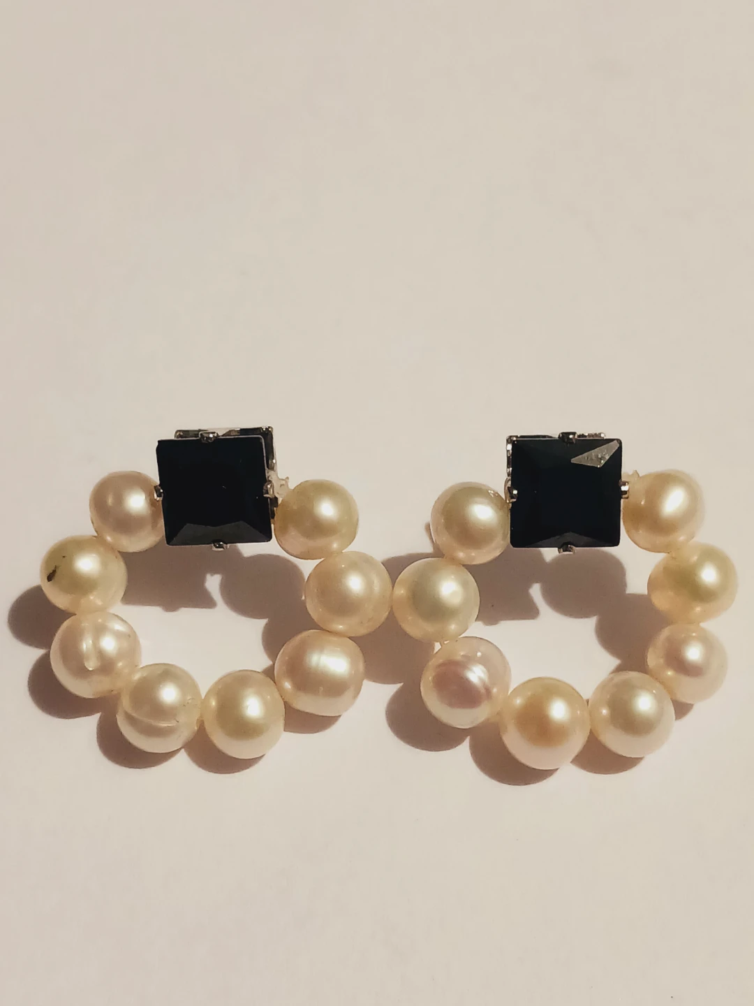 Genuine Freshwater Pearls Black Onyx  Hoops Earrings