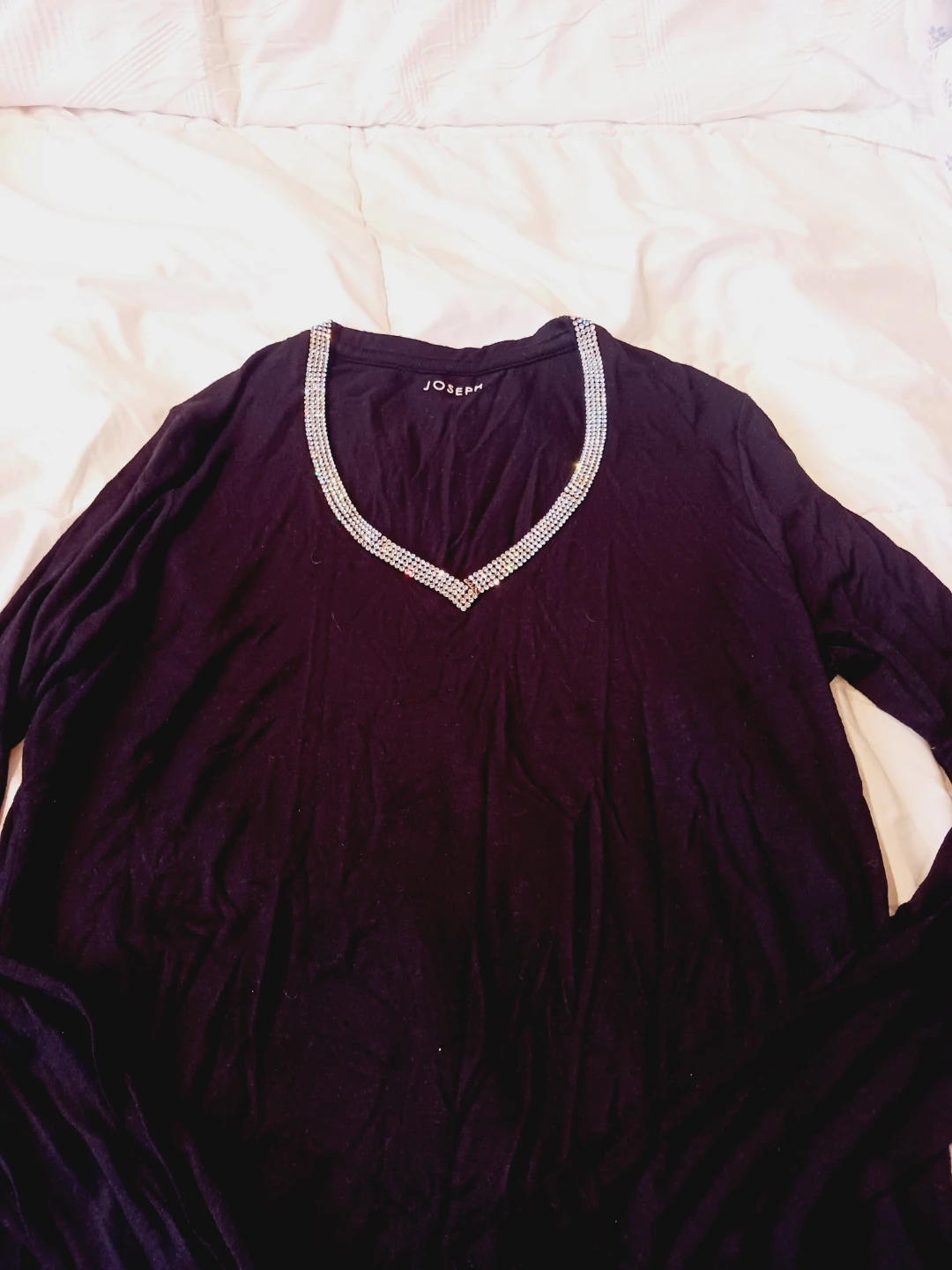 JOSEPH SAKS FIFTH AVENUE Black Embellished V-Neck Top. Size M