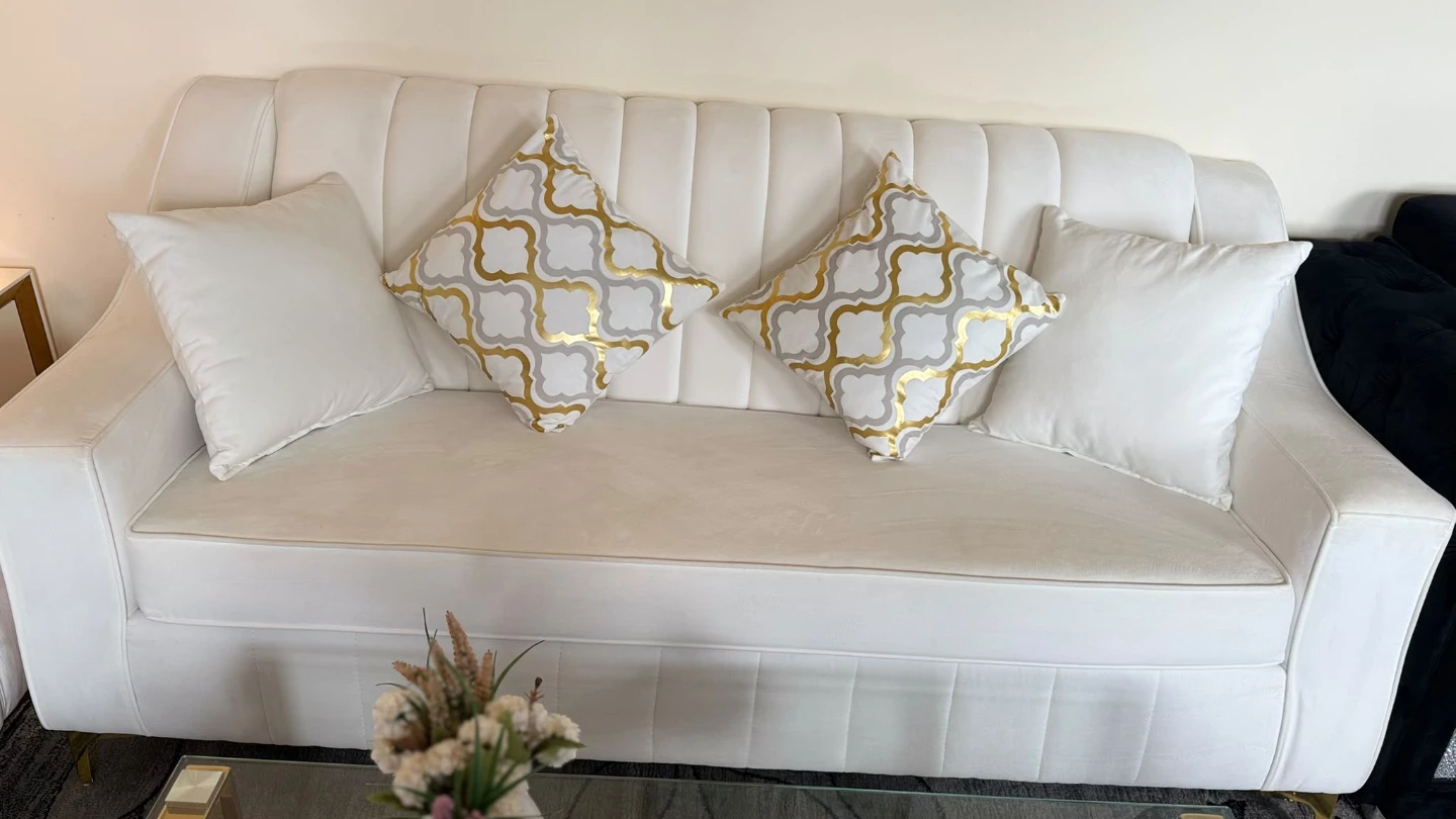 White Velvet Sofa with Gold Accents - photo 4
