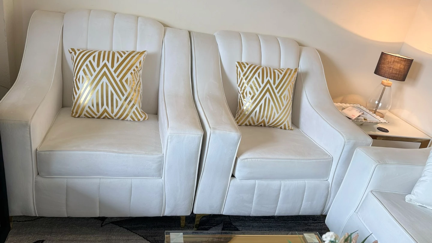 White Velvet Sofa with Gold Accents - photo 5